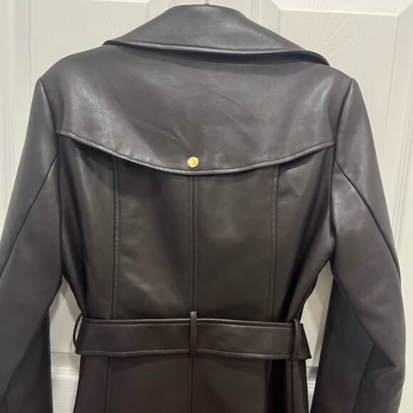 Via Spiga Chocolate Brown Vegan Leather Trench Coat Size Medium Belted Classic - Picture 5 of 16
